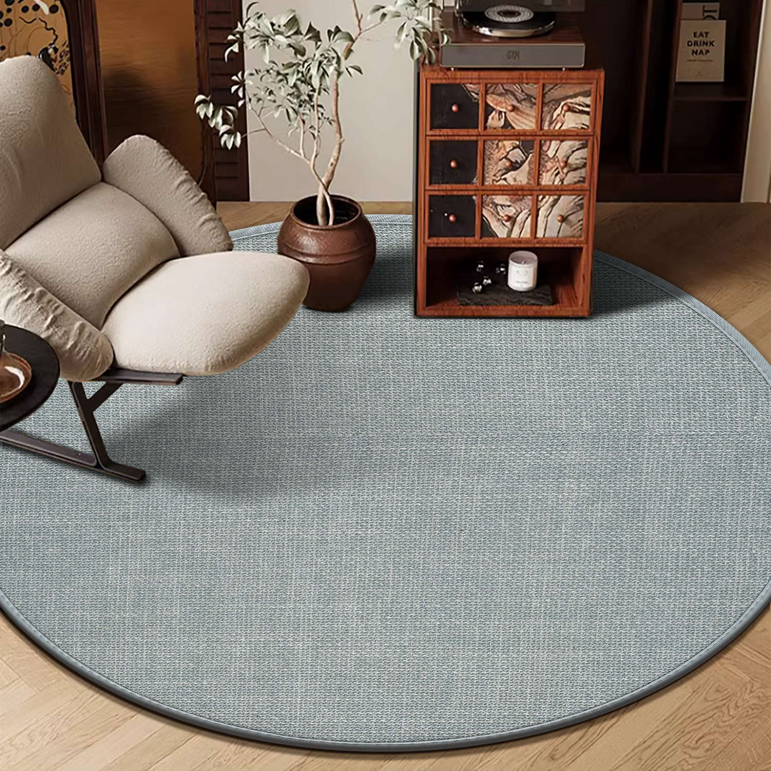 Picture of High-grade linen round living room carpet non-slip dirt-resistant dust removal mat woven pattern solid color bedroom study chair cushion