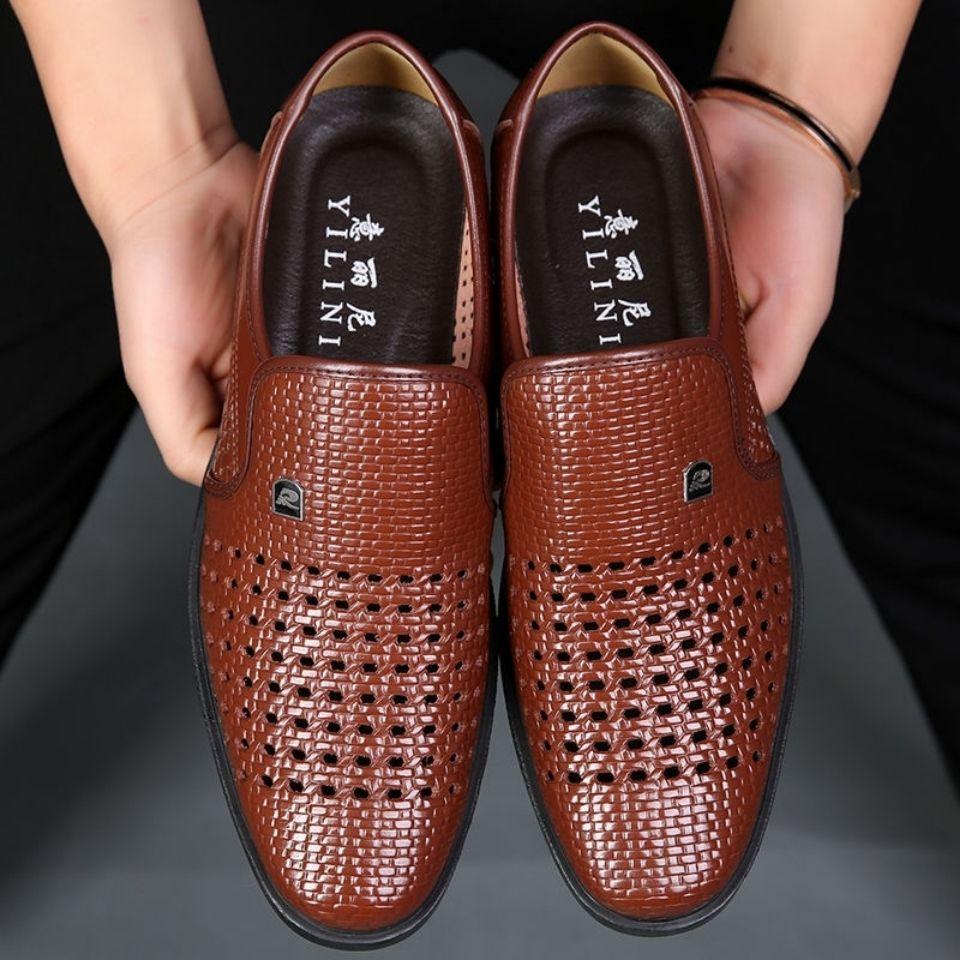 Real soft leather men's leather shoes, summer leather sandals, men's hollow hole shoes, casual leather sandals, breathable men's shoes