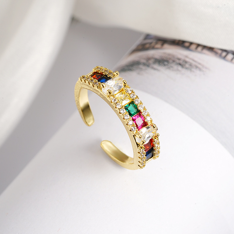 Cross-border ancient French gold plated 18k ring European and American style rainbow micro-inlaid zircon open ring high-grade hand jewelry