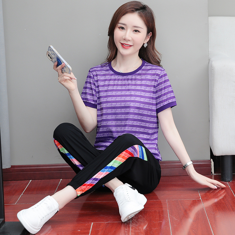 Picture of Ice Line Quick-drying Stretch Vertical Fashion Casual Sports Suit Women's Summer Thin Mesh Breathable Striped T-shirt Trendy