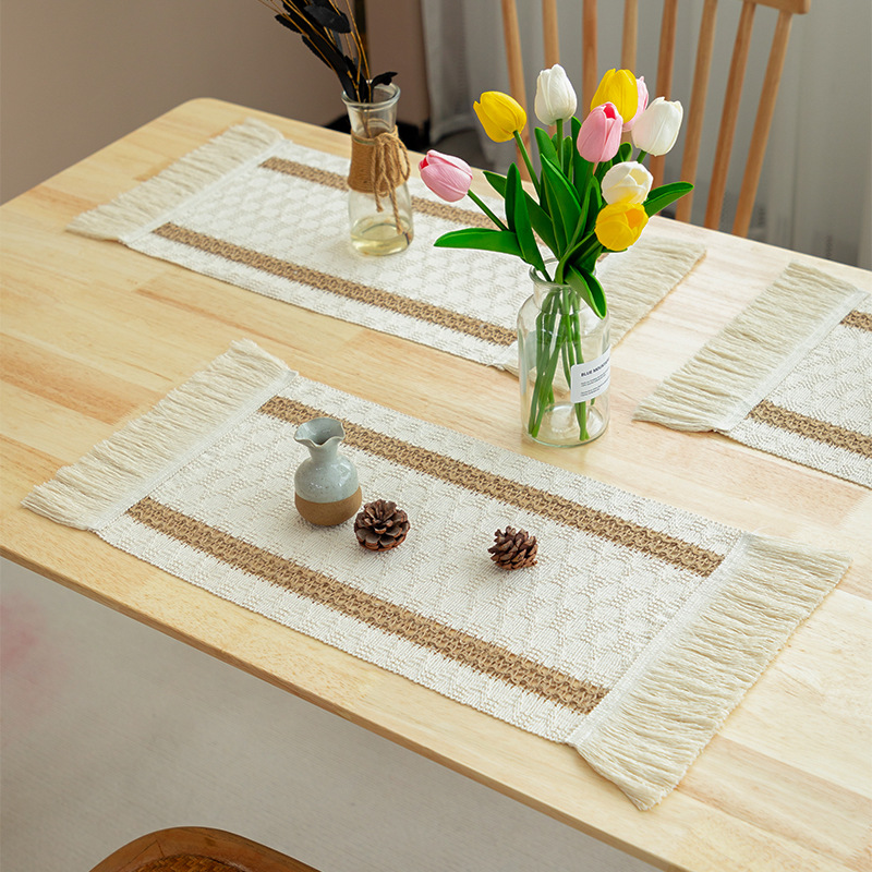 Picture of Amazon new cotton and hemp rope placemat holiday placemat woven color matching striped tassel bowl mat spot wholesale