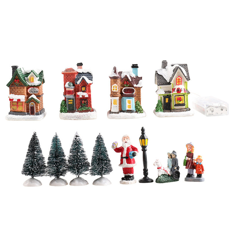 Cross-Border New Christmas Decorations Resin Small House Micro Landscape Resin House Christmas Glowing Small House Set