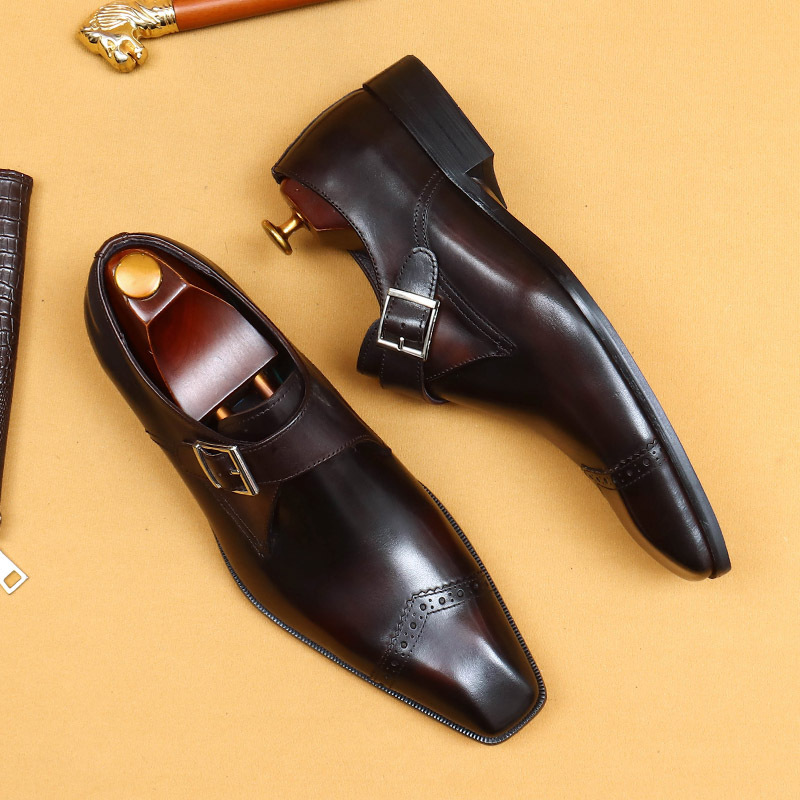 Picture of [vip for] handmade custom monk shoes men's British vintage buckle business formal leather square toe shoes