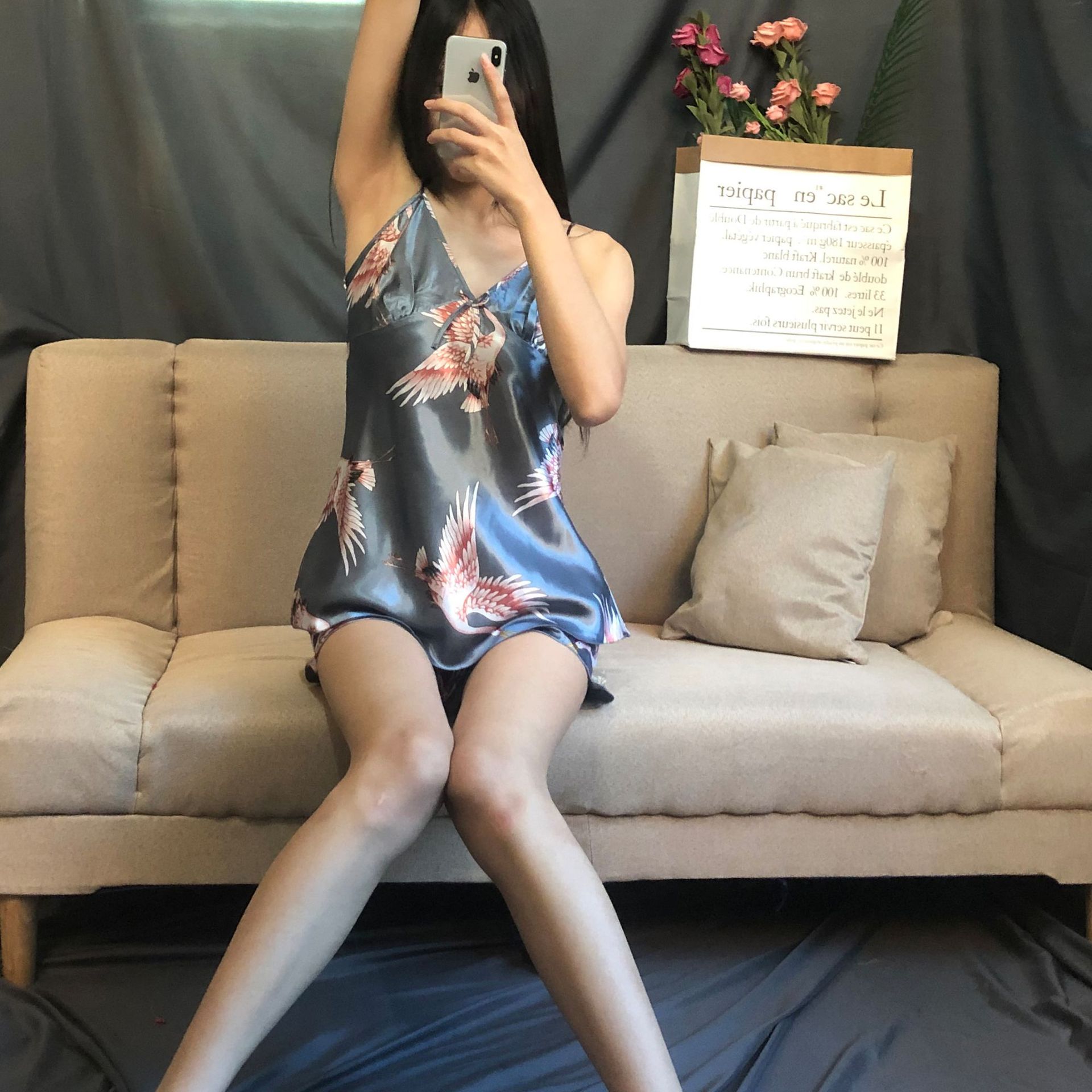 Picture of Cross-border crane nightgown shorts large size suspender skirt set ice silk nightgown set factory outlet