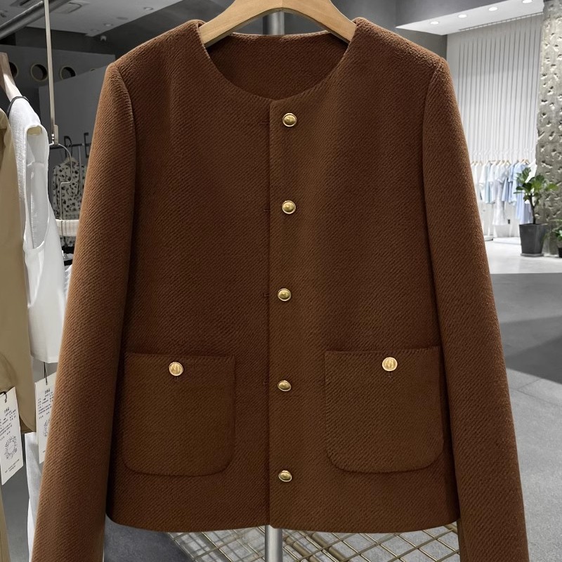 Picture of Dark Brown Short Woolen Niche Round Neck Jacket for Women 2024 New Autumn and Winter Light Mature Style High-End Simple Top
