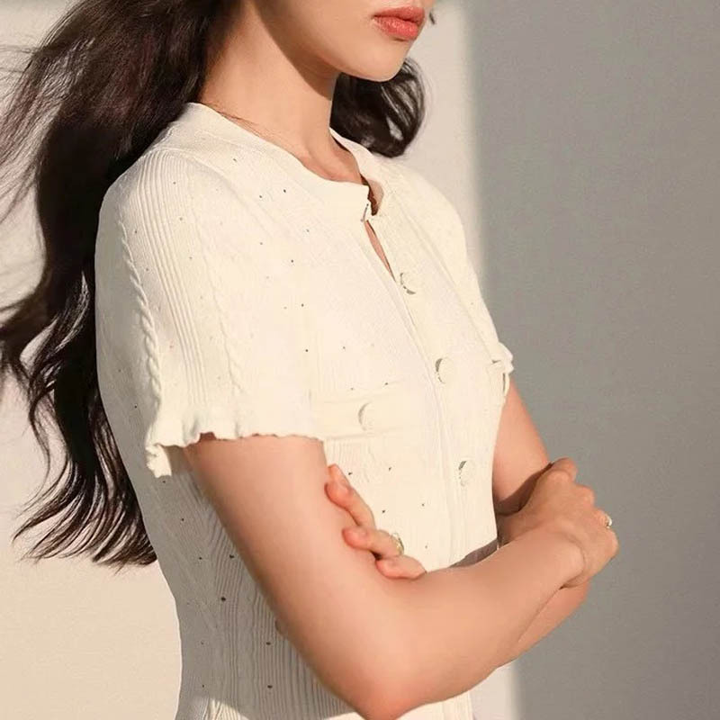 Cross-border Temperament Lace Short-sleeved Knitted dress Hollow-out Single-breasted Long Dress Fashionable Tight Waist Slimming Sweater Dress