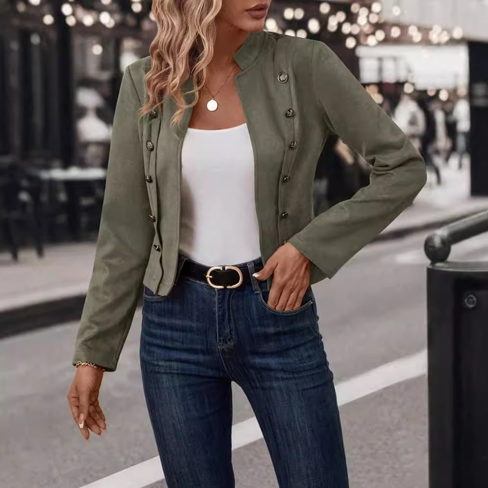 Picture of 2024 Europe and the United States cross-border solid color double-breasted decorative jacket new deerskin velvet retro long sleeve jacket in stock