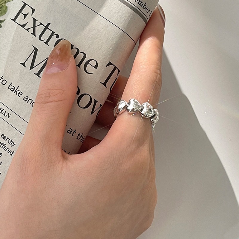 Casual Heart Ring Women's Fashion Retro Heavy Industry Peach Heart S925 Silver Open Ring Elegant Hip-Hop Index Finger Ring Trend