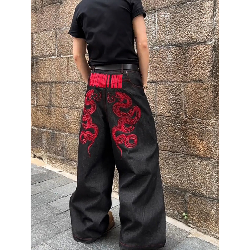 American Style plus size Heavy Industry Design Red Snake Embroidered Jeans Women's Spice Girls Retro Subculture Wide Leg Pants