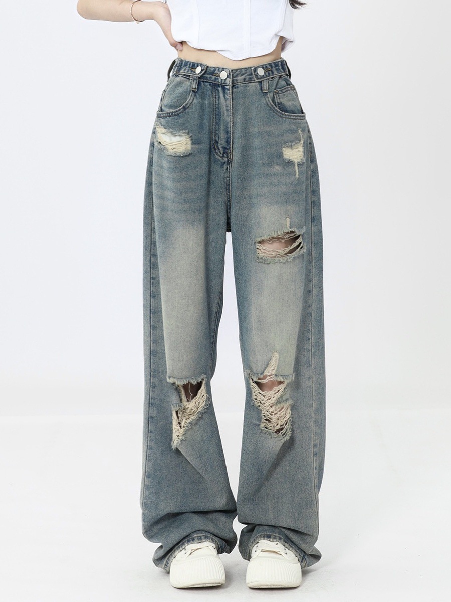 Retro wide-leg ripped jeans for women Spring and Autumn 2024 New plus size chubby girl loose slimming straight mop pants