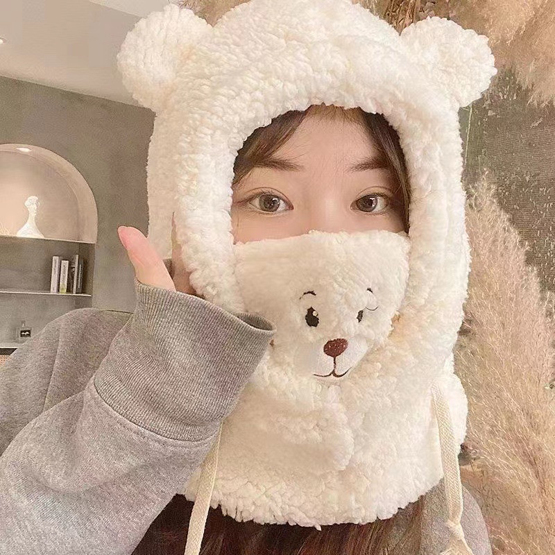 Picture of Autumn and Winter Hat New Cute Warm Mask Bear Hat Integrated Neck Scarf Gloves Popular Versatile Plush Four-In-One