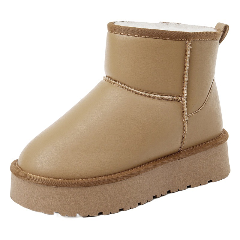 Genuine Leather Snow Boots for Women, Mid-Calf Leather Surface, 2023 Style, Loafers, Short Boots, Fleece-Lined, Thickened, Warm Cotton Shoes, Winter Thickened