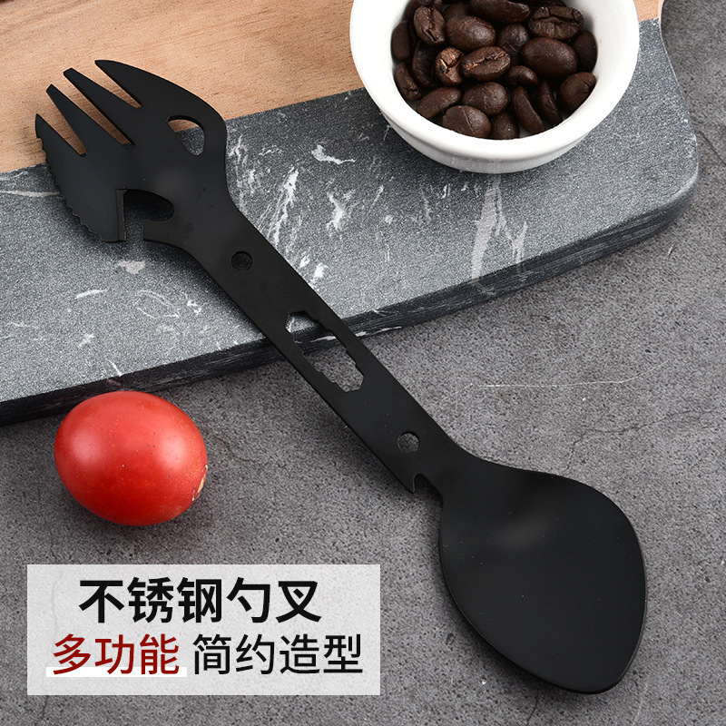 Picture of Outdoor Stainless Steel Multifunctional Fork and Spoon Tableware Combination Bottle Opener Fish Fork Camping Survival Equipment Amazon Hot Sale