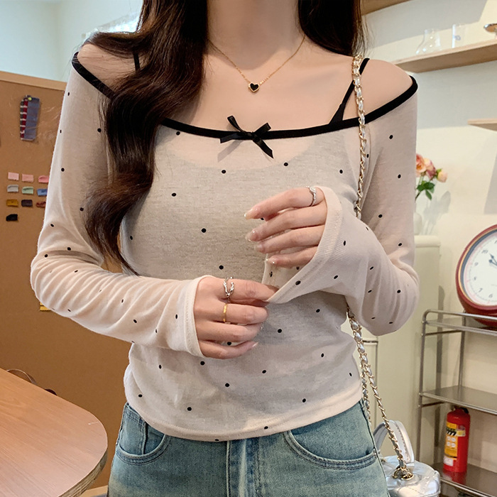 Korean style chic chic top spring and autumn new wave dot pure wind off-shoulder collar thin mesh T-shirt top