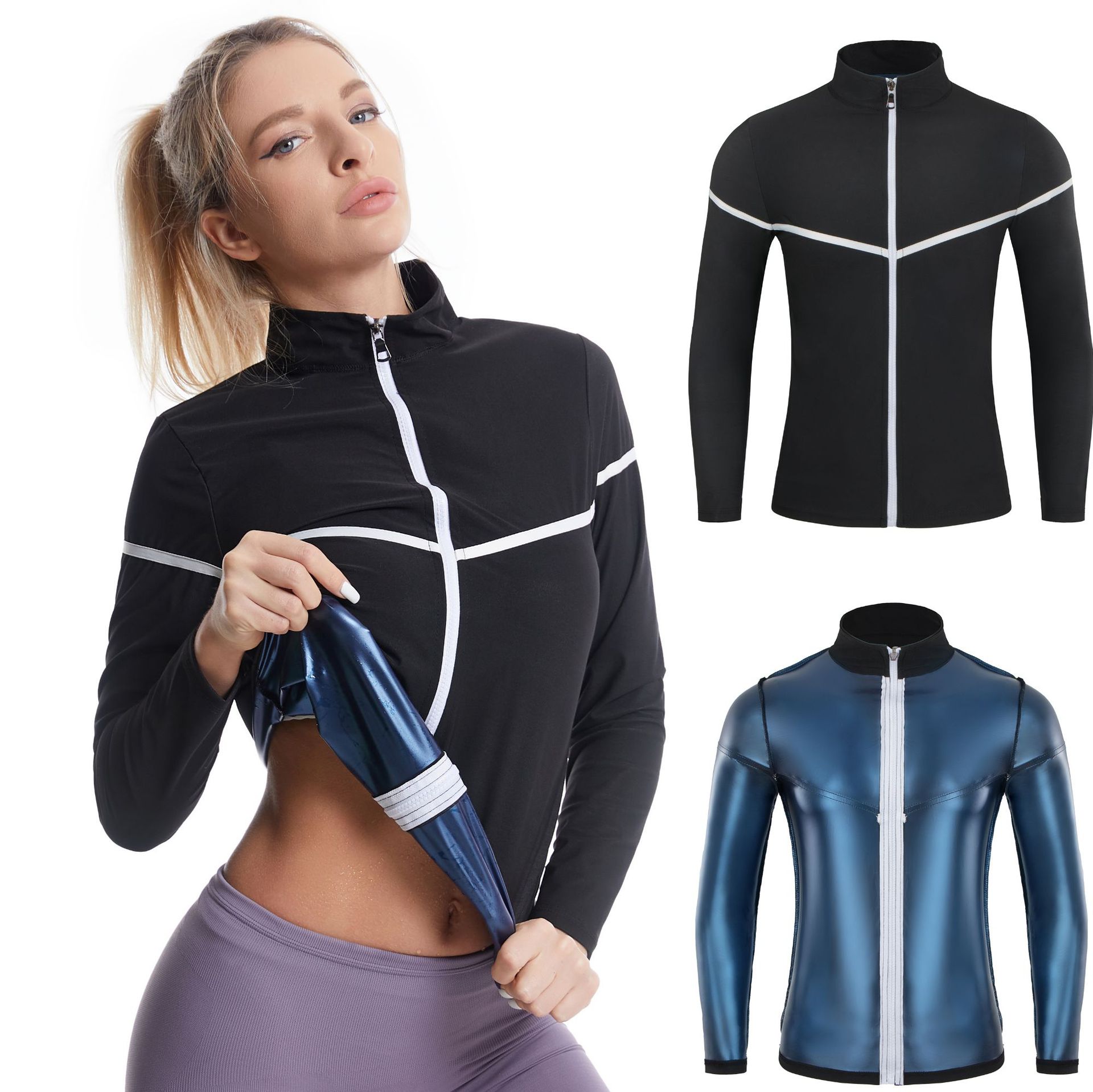 European and American Sweat Suits for Women Running Sports Heat-Generating Sweat Zipper Long-Sleeved Fitness Clothes Tummy-Tightening Body-Shaping Clothes