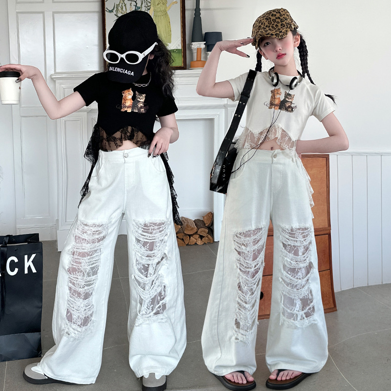 Cross-border Girls' Short-sleeved Pants Summer Lace suit 2025 Design Sense Top Ripped Wide-leg Pants Two-piece Set