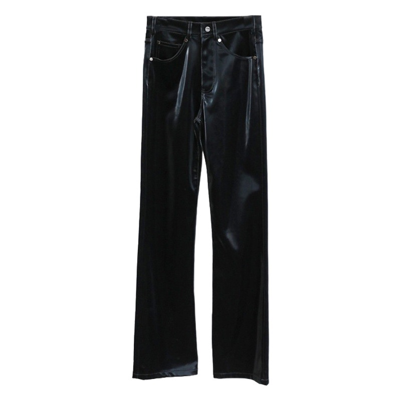 2024 European and American Explosions Liquid Leather Pants Sky Realm Black Leather Pants Women's Pants High Waist Slimming Women's Straight Leather Pants