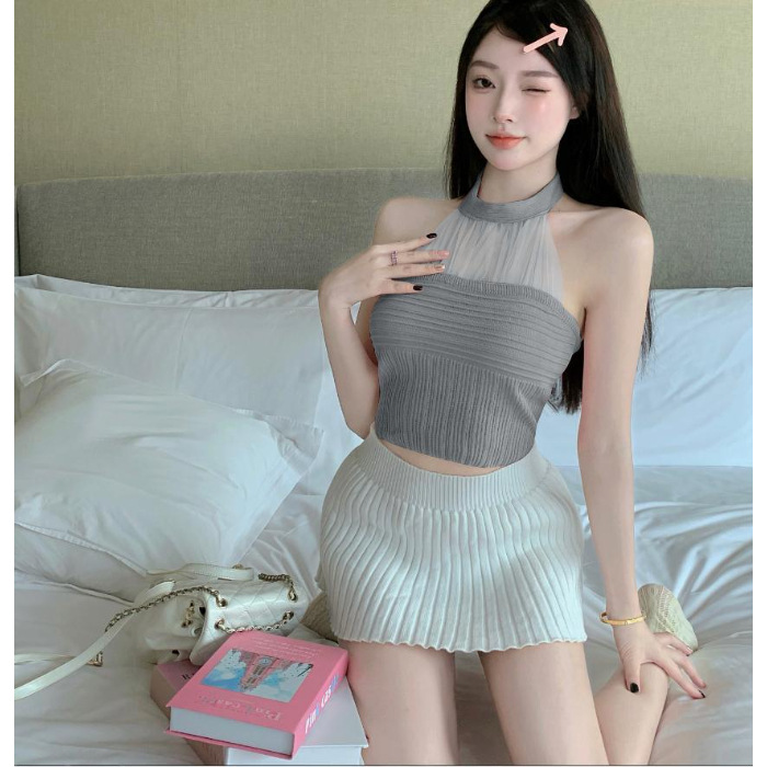 Picture of Lace Hanging Neck Sling Women's Summer Chest Wrapping Vest French Style Chic Strapless Hot Girl Sexy Knitted Top