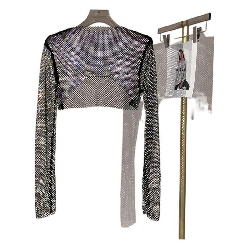 Summer Sexy Color Diamond Short Top Women Hot Rhinestone Long Sleeve T-Shirt Sexy Leaky Waist Party