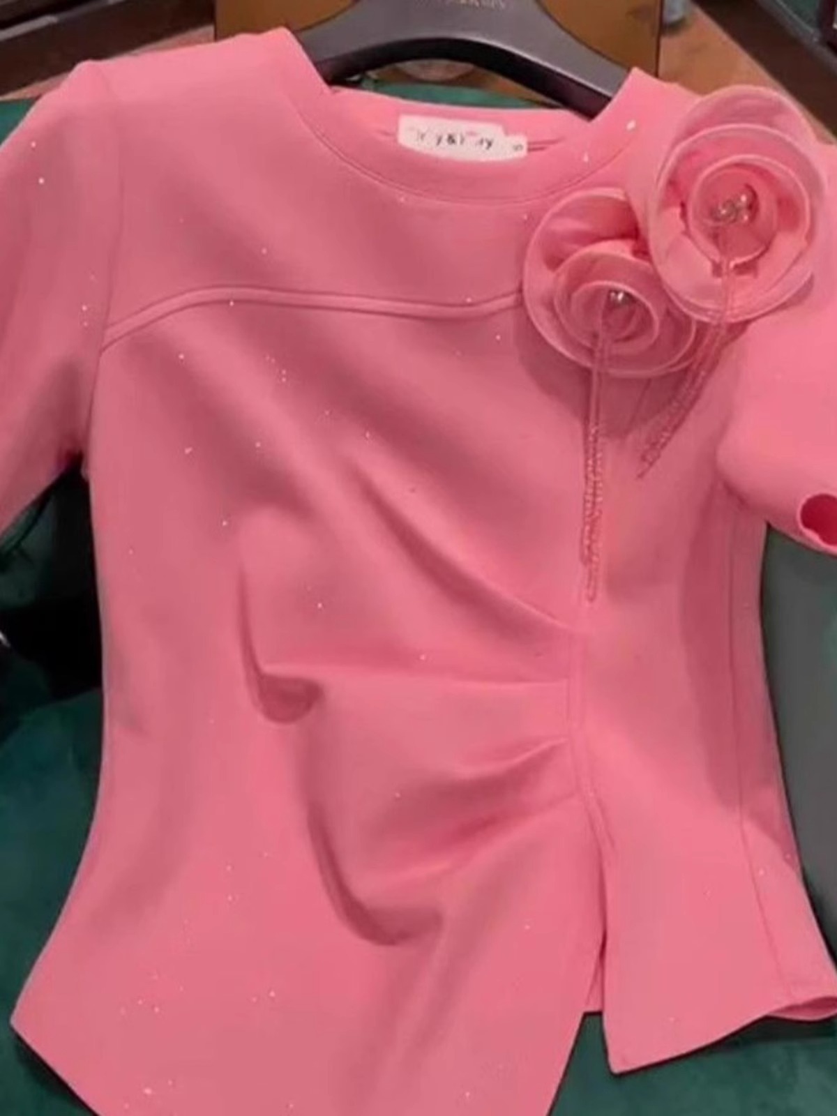 Large Size 1.00 kg-150.00 kg chubby girl Three-dimensional Rose Flower Short-sleeved T-shirt Women's Summer New Fashionable Pleated Waist Top
