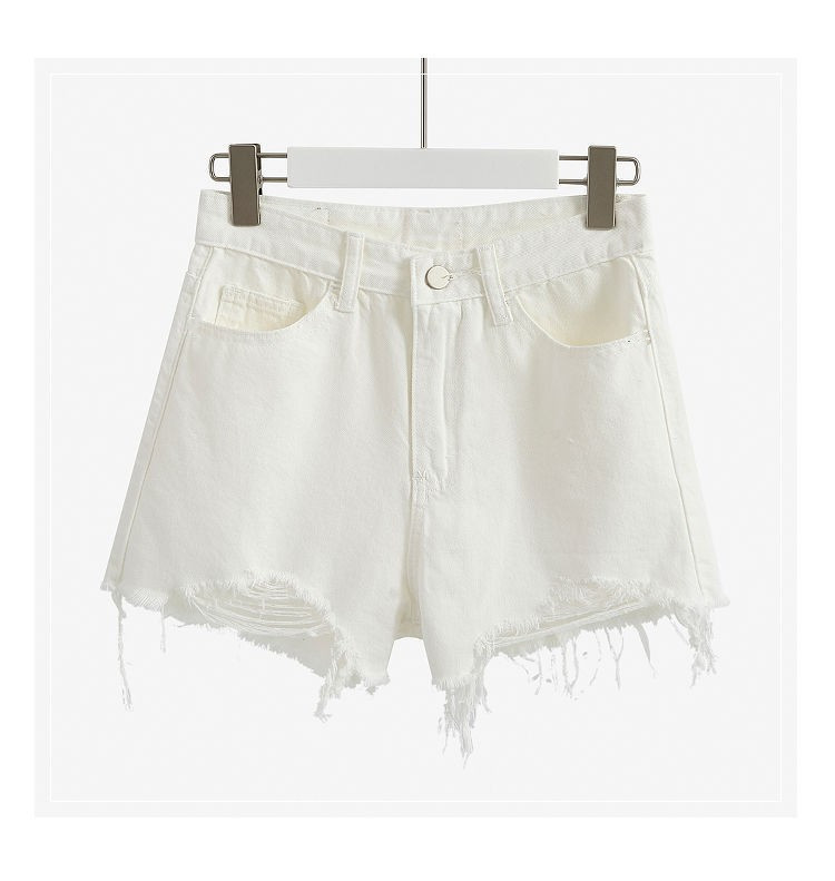 Picture of Cotton-Containing Ripped High-Waisted Denim Shorts for Women Summer 2021 Versatile Slimming Look A-Line Pants Raw Edge Frayed Wide-Leg Pants for Women
