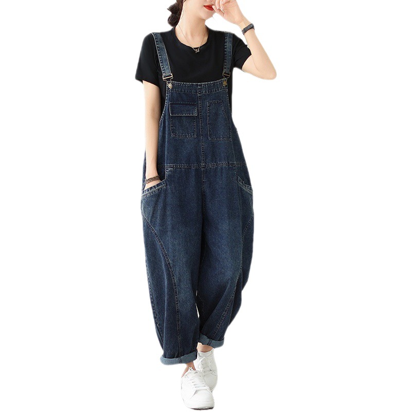 Plus Size Women's Clothing 2024 Autum New Fat Sister Literary Large Size Loose Slimming Look Dark Denim Overalls