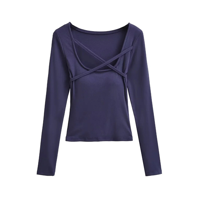 Picture of Ins Spice Girl Square Collar Cross Rope with Chest Pad Long-sleeved T-shirt Autumn New Light Mature Pure Slim-fit Short Base Shirt