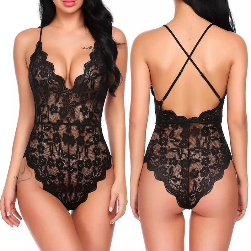 Amazon European and American AliExpress Sexy Underwear Women's Jumpsuit Deep V Backless Sexy Lace One-piece Underwear