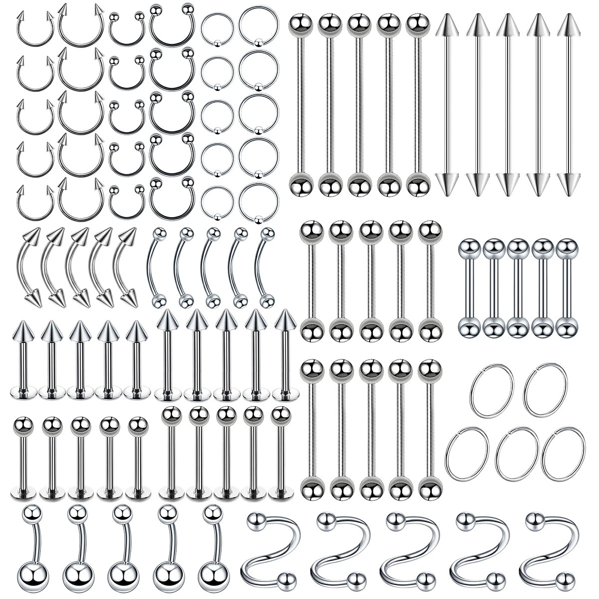 100 pieces of stainless steel tongue nail lip nail eyebrow nail tongue nail ear bone nail combination suit silver
