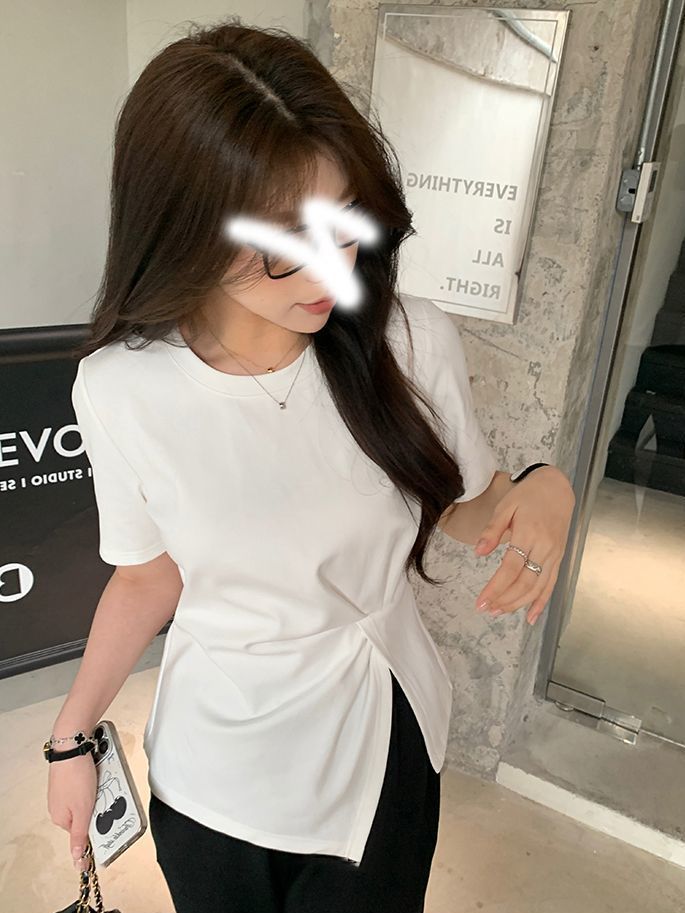 115.00kg plus size chubby girl Women's Fashion Split Design Pure Cotton Short-sleeved T-shirt Summer Shoulder Slimming Top