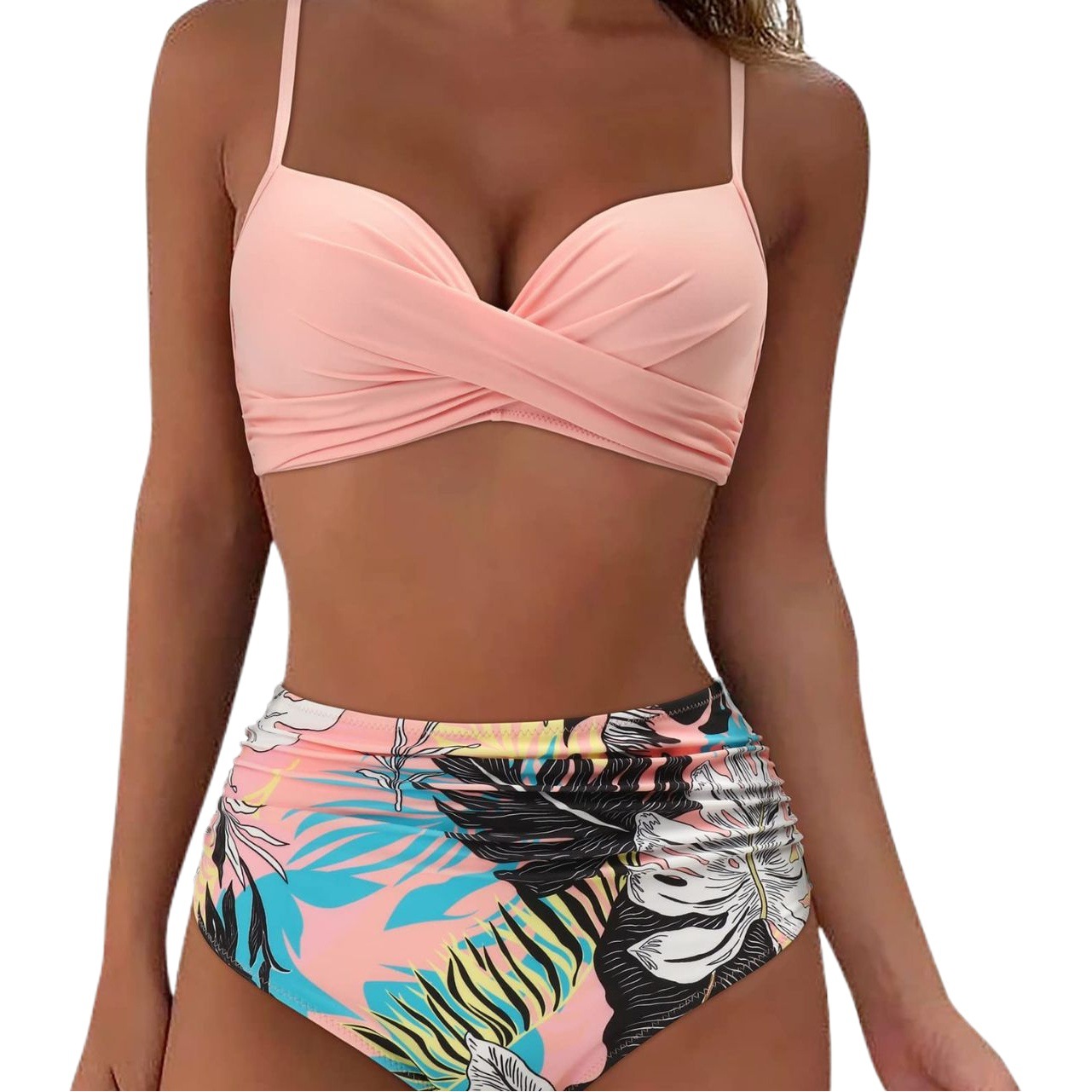 AliExpress Amazon Explosions European and American Women's Multicolor Split Hard Bag Gathering High Waist Flesh Covering Slim Bikini