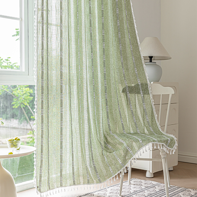 Picture of Cross-border exclusive for Nordic cotton and linen curtains multi-color solid color cotton and linen yarn semi-transparent bedroom living room floor curtains with yarn