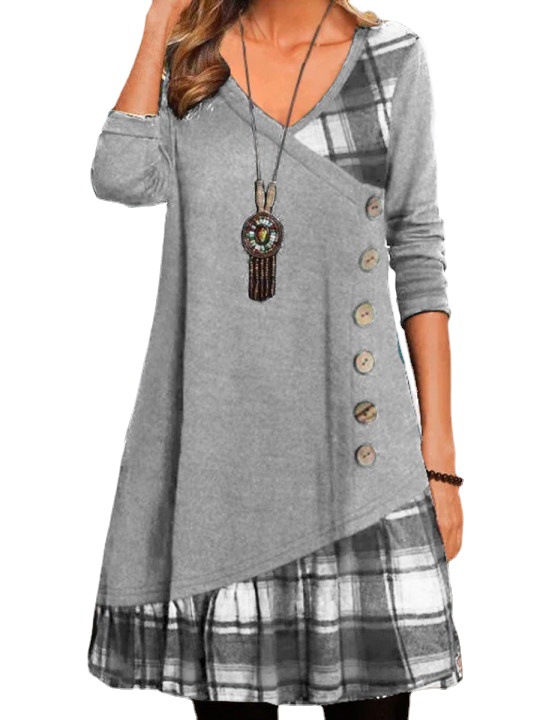 Picture of Amazon AliExpress Independent Station 2022 Autumn New V-Neck Stitching Decorative Buckle Long Sleeve Plaid Printed dress