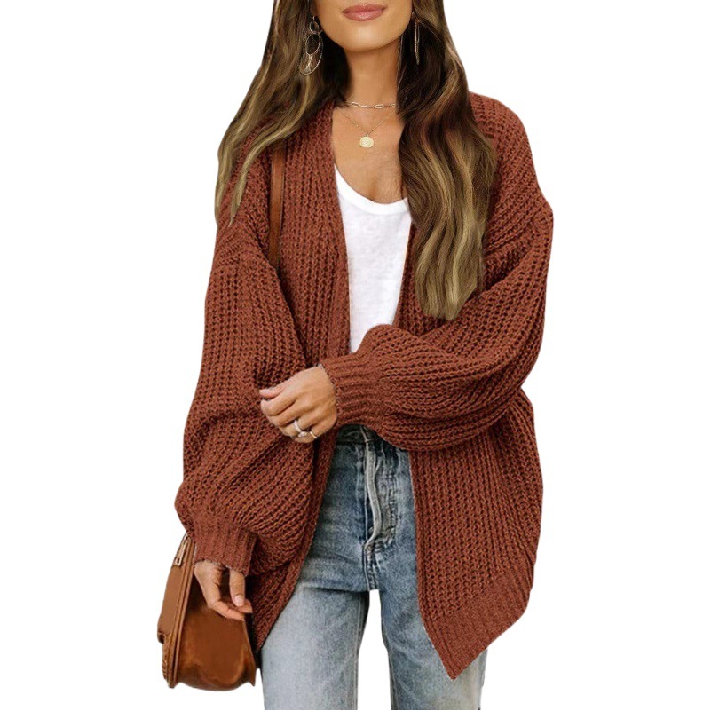 European and American chic autumn lazy style V-neck versatile loose casual solid color lantern sleeve knitted cardigan sweater coat