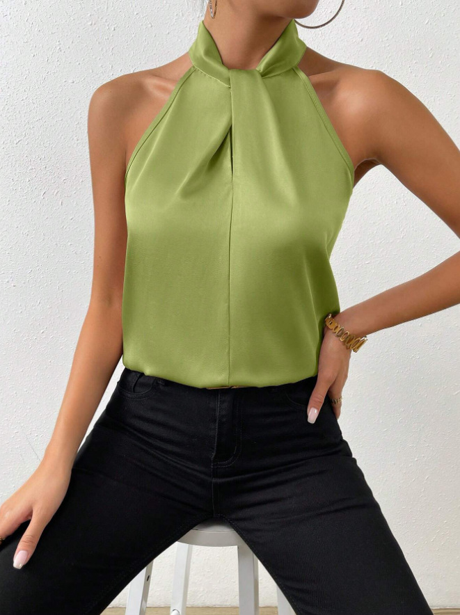 Picture of 2025 New Summer European and American Clothing Satin Halterneck Sleeveless Vest Satin Imitation Silk Top Wholesale in Stock