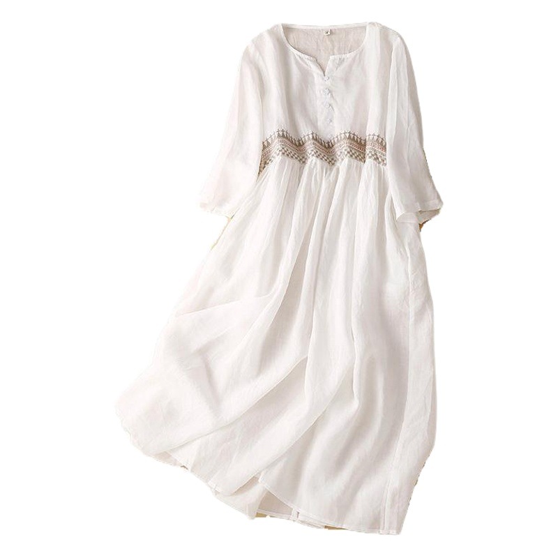 2025 Spring and Summer Solid Color Cotton Ethnic Style Embroidered Dress Literary Temperament Round Neck Quarter Sleeve Mid-Length Cotton Skirt