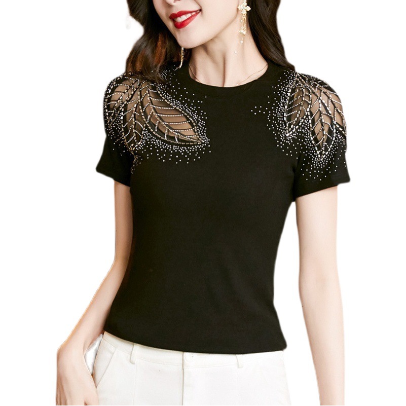 2022 Summer New Round Neck Fashion All-match Slim-fit Base Shirt Black Lace Stitching Hot Drilling Short-sleeved T-shirt for Women