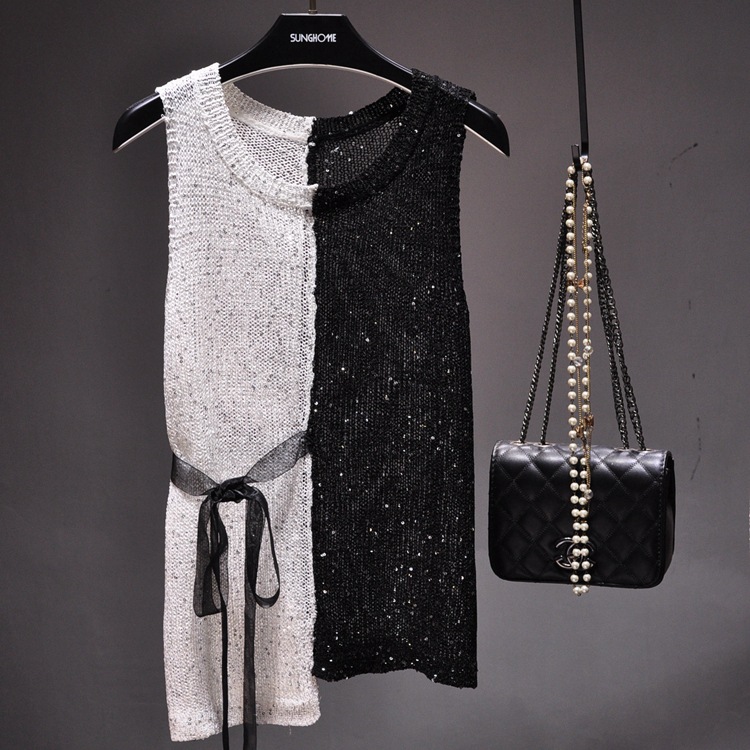 Spring and Summer 2020 New Shiny Contrast Sleeveless Vest Lace-up Hollow Knitted T-shirt Irregular Top for Women