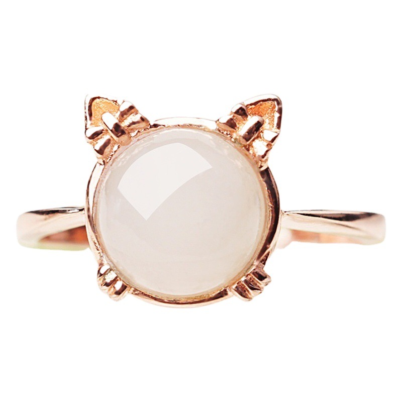 925 Pure Rose Gold Inlaid with White Jade Opening Ring Cute Cat Oil Run Hetian Jade Women's Ring Jade Ring