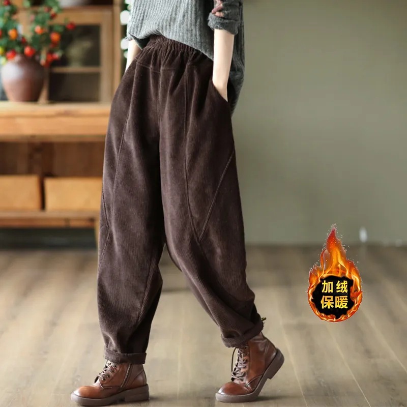 Women's Chenille fleece-lined thickened stitching harem pants autumn and winter versatile casual pants slimming long leg warm pants