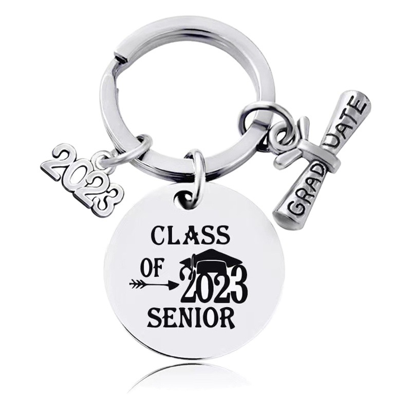 2023 popular graduation gift keychain pendant stainless steel round European and American cross-border gift lettering keychain