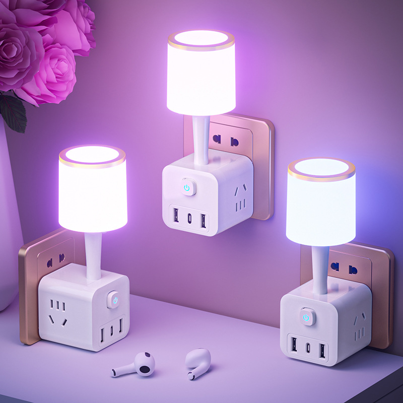 Vintage Decorative Night Light, Multifunctional Socket with Table Lamp, Bedroom Bedside Lamp, Adjustable Brightness, Nordic In-style