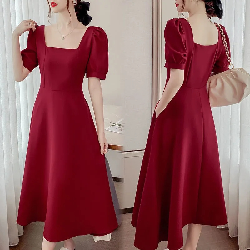 French summer new retro simple sweet square collar red dress women's waist slimming temperament over-the-knee dress