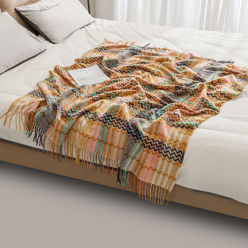 Picture of Sofa Blanket, Throw Blanket, Air Conditioning Blanket, Wavy Ethnic Style Woven Bed Sheets, Sofa Towel, Tablecloth, Summer Blanket