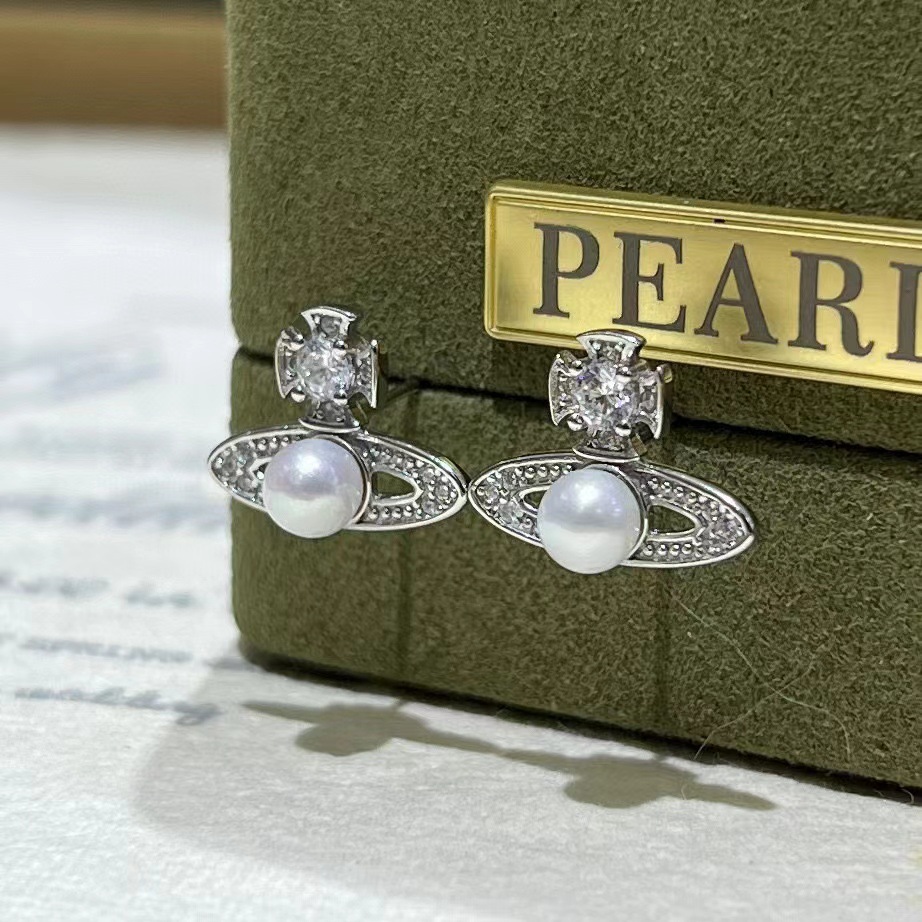 2025 Zhuji Xijia Same Saturn Earrings 4-5mm Freshwater Seamless Pearl Round Fashion s925 Silver Earrings