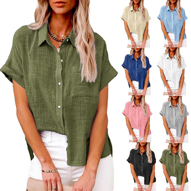 2022 Amazon ebay European and American spring and summer new popular top cotton and linen pocket short sleeve shirt T-shirt women's clothing