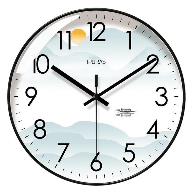Ipura 8227 Chinese Style Clock Ink Clock Wall Wall Wall Clock Living Room Landscape Simple Quiet Seconds Sweeping Quartz Clock