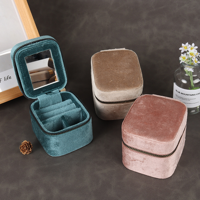 Italian Velvet Mirrored Zipper Bag with Rounded Corners, Light Luxury Small Ring Storage Box, Multi-Position Earrings, Earrings, Ring Box Manufacturer