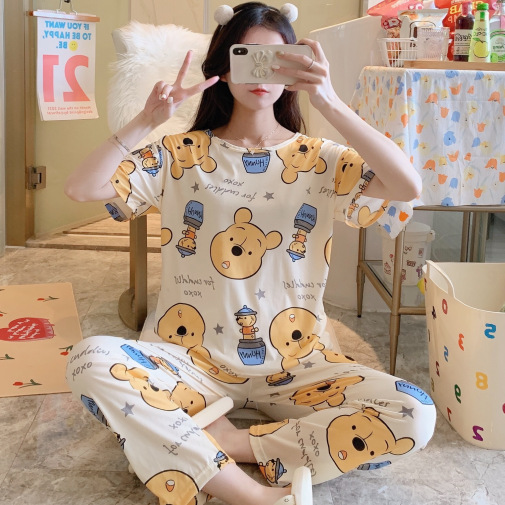 Picture of Pajamas Women's Spring and Autumn Summer Short-sleeved Trousers Large Size Loose Korean Style Fresh Cute Sweet Student Home Suit