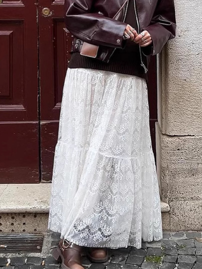 French Style Cut Out White Lace Skirt for Women Summer Cross-Border High-End Butt Curtain A-Line Skirt Long Skirt for Women